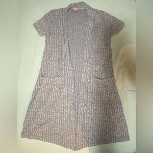 Short Sleeve, Long Open-Front Ribbed Cardigan, Navy/Grey